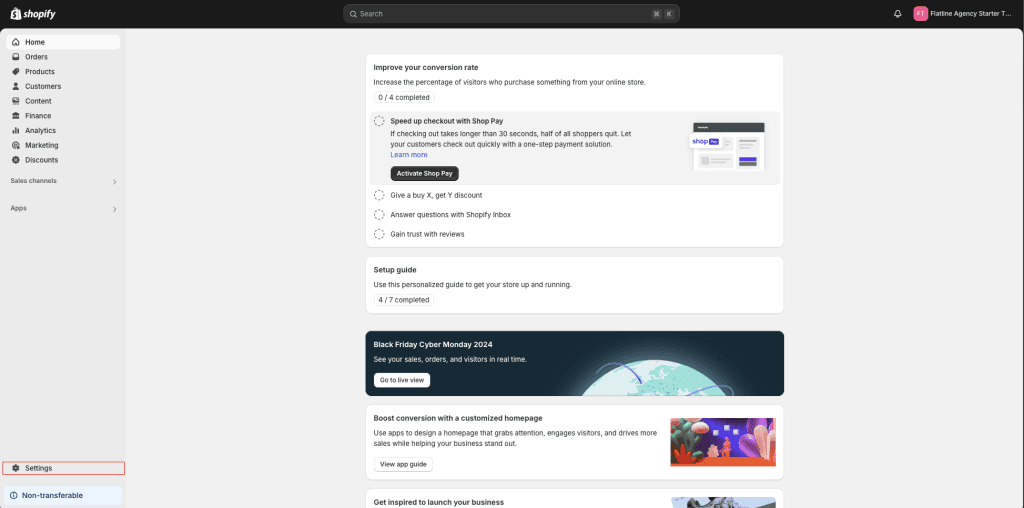 Startseite des Shopify-Admins mit hervorgehobenem Menüpunkt Settings unten links