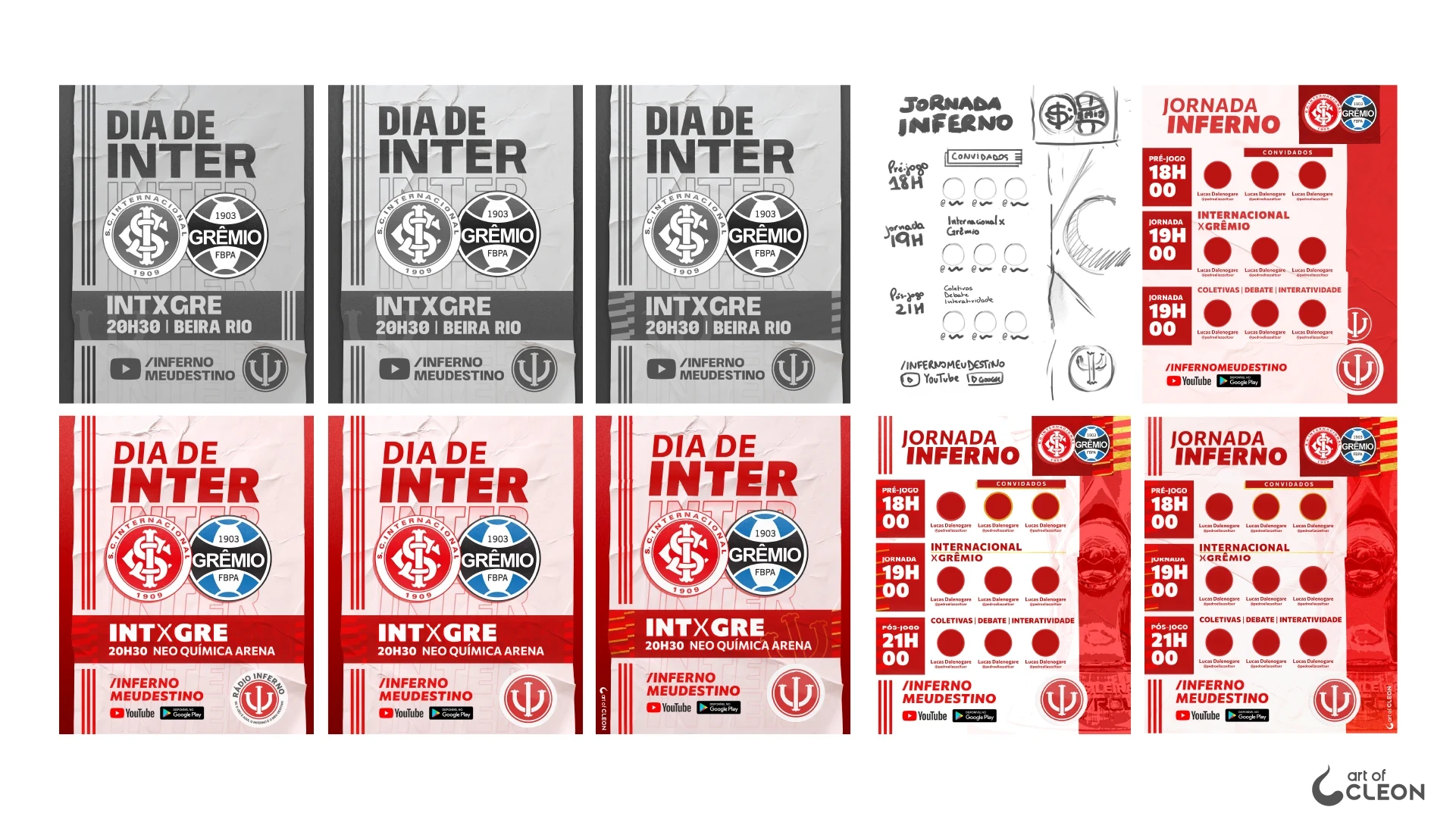 Grayscale and color layout studies for “Dia de Inter”, followed by a hand-drawn “Jornada Inferno” schedule and red-and-white digital versions with rows of guest portraits.
