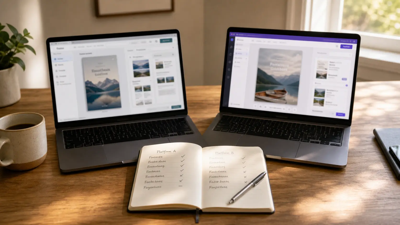 Top-down of two laptops side by side showing two different guidebook editors, with a notebook and a short comparison checklist between them.
