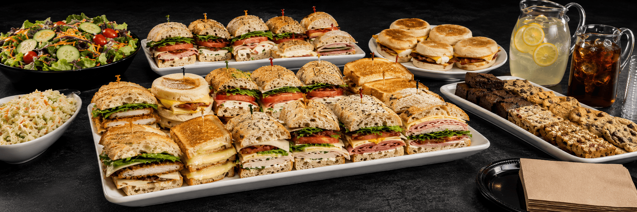Robo’s catering trays — sandwich platters, breakfast sandwiches, salad, coleslaw, cookies and brownies