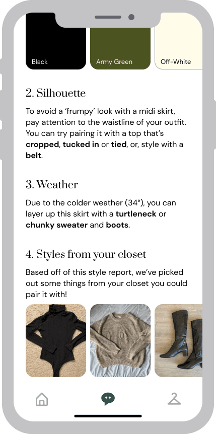 Mockup of a detailed overview of colors, silhouettes, and items to style the skirt with