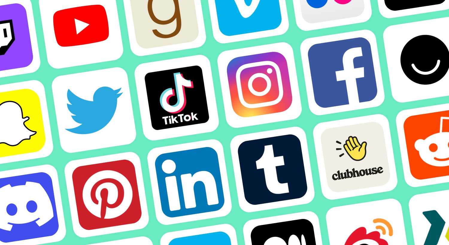 Wide grid of social media platform icons including YouTube, Twitter, TikTok, Instagram, Facebook, Pinterest, and LinkedIn