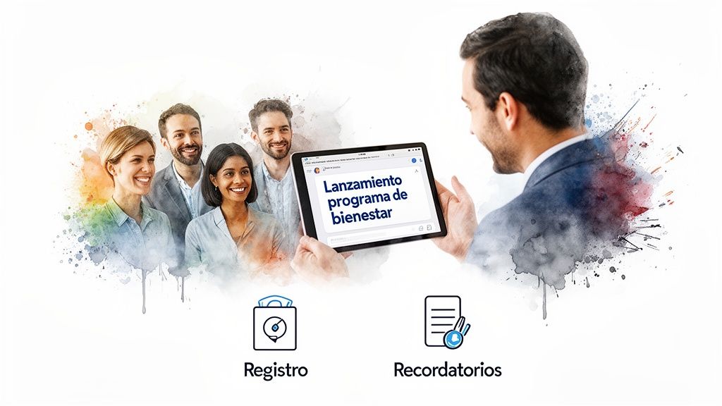 Grupo de personas sonriendo, hombre con tablet mostrando lanzamiento programa de bienestar y opciones de registro y recordatorios.