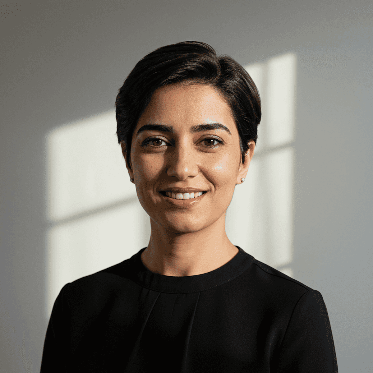  A woman dressed in a black shirt and black blazer, exuding professionalism and poise.