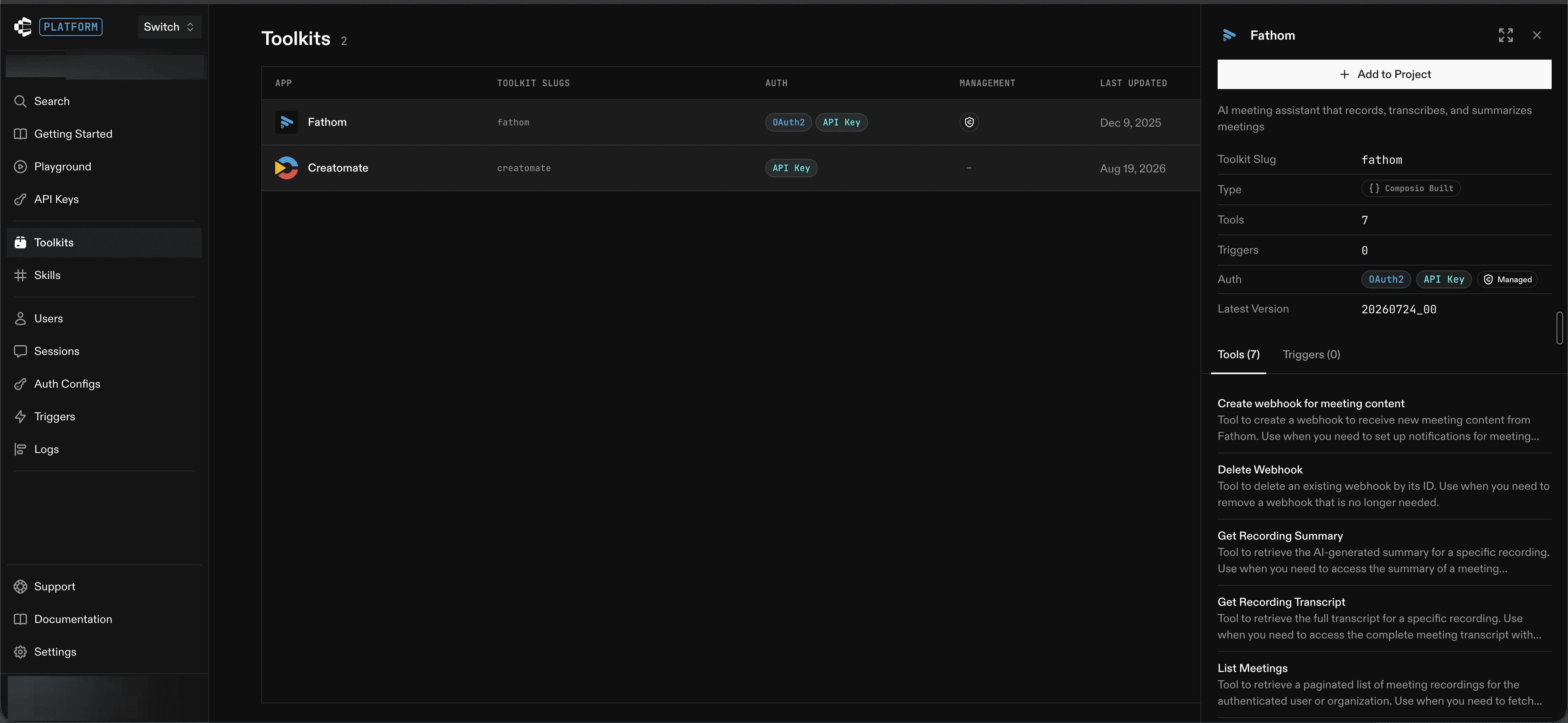 Fathom toolkit panel with Add to Project