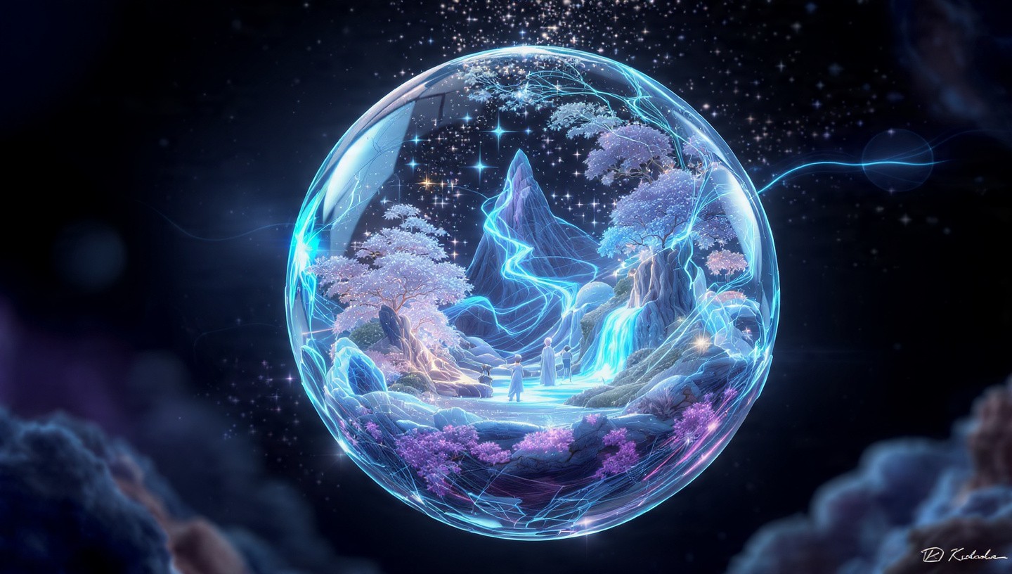 An imaginary image of a crystal, with a snowy place inside it.