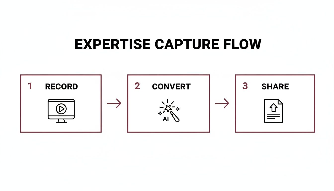 A three-step expertise capture flow diagram: record video, convert with AI, and share documents.