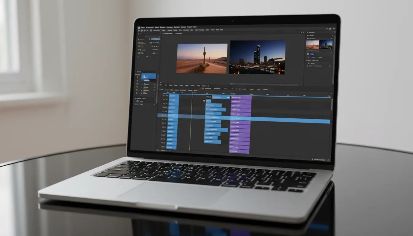 DSLR photograph, eye-level shot of an open silver laptop on a reflective black surface against a plain off-white wall. The screen is brightly illuminated, displaying the Adobe Premiere Pro software interface in dark mode. The UI features a complex video timeline with colorful blue and purple clips, two video preview panes, and abstracted UI elements. The scene is evenly lit with soft natural daylight, shallow depth of field with tack-sharp focus on the screen and keyboard.