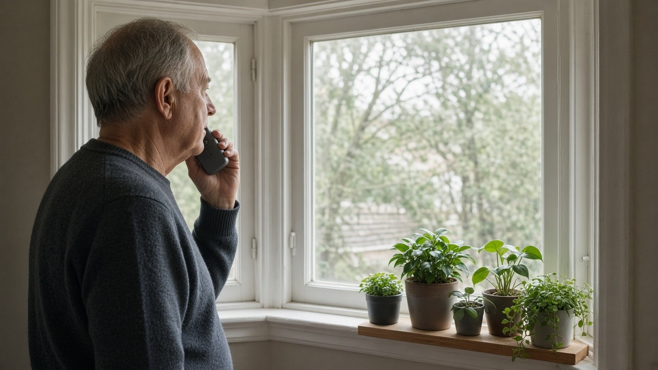 This image depicts an elderly man standing indoors beside a window, talking on a cordless home phone. The window sill in front of him features a wooden shelf with several potted indoor plants. The scene is naturally lit, highlighting a peaceful domestic environment conducive for home communication.