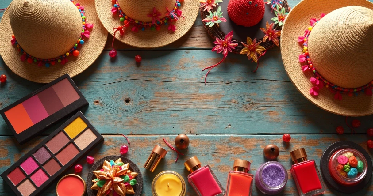 Kit de beleza junino com tranças, maquiagens coloridas e esmaltes sobre mesa rústica