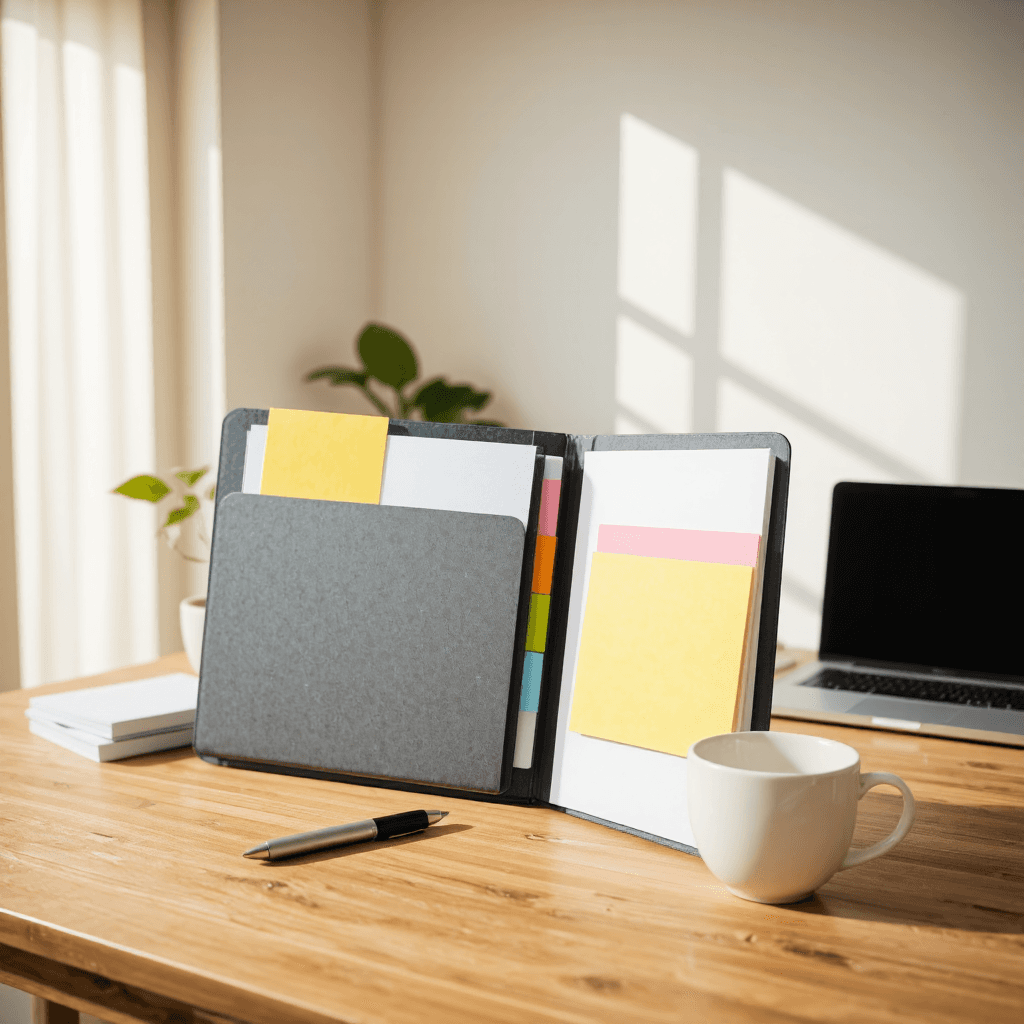 product photography of a folder with sticky notes and notepads