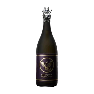 Bottle of sake with a dark label and decorative crest