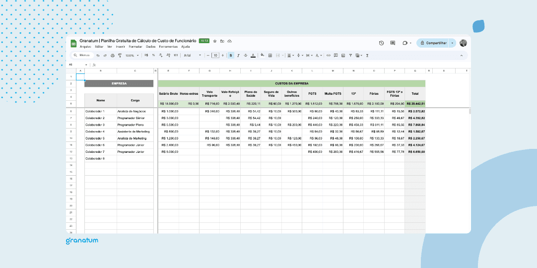 Planilha Gratuita de Custo de Funcionário