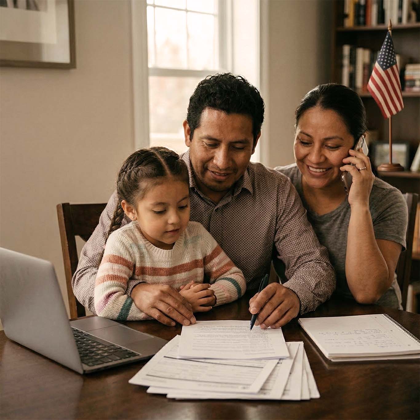 Familia latina revisando documentos de inmigración con abogados de Nueva Jersey