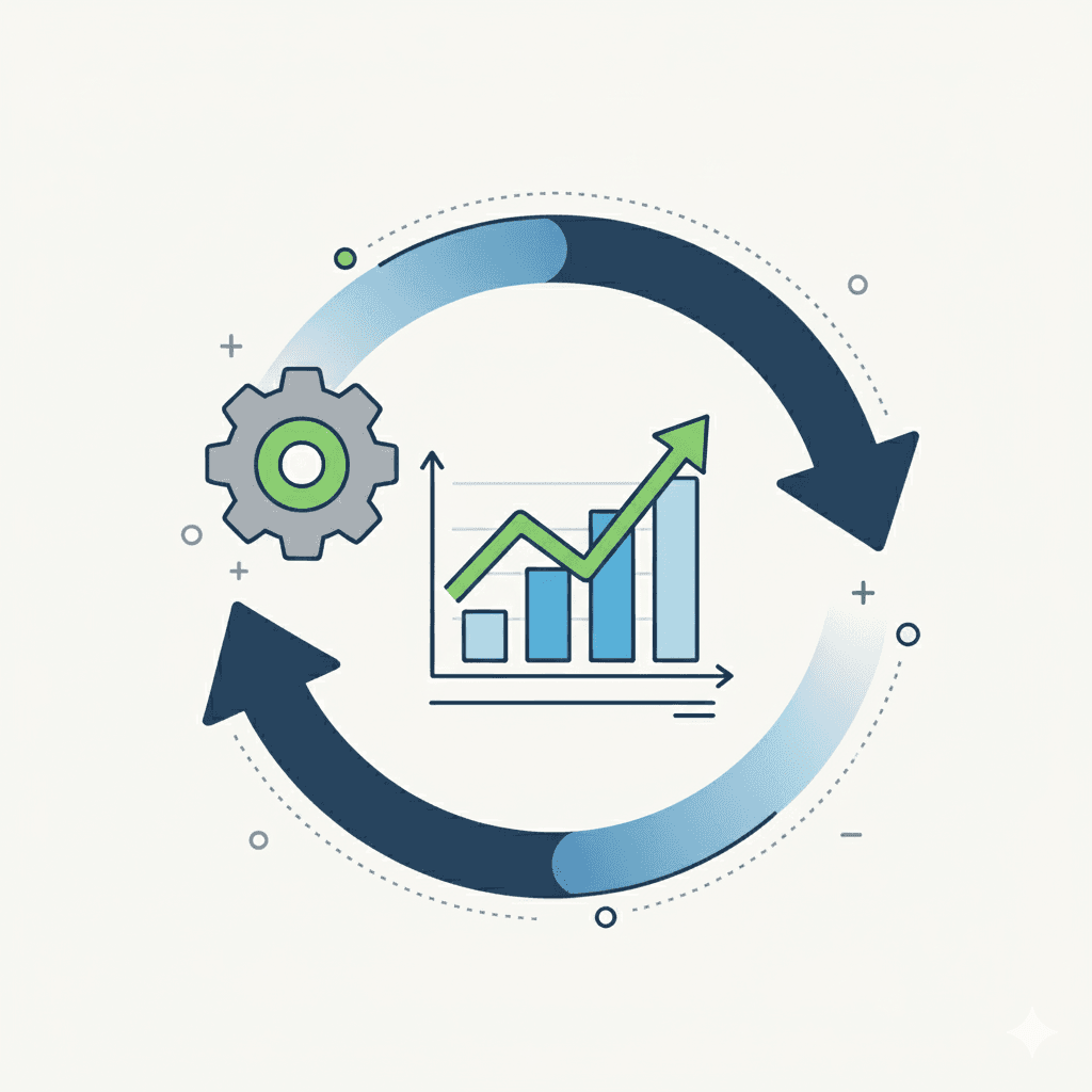 Full service icon showing a continuous circular arrow wrapped around a bar graph with an upward-trending line and a gear, representing an ongoing cycle of growth and optimization.