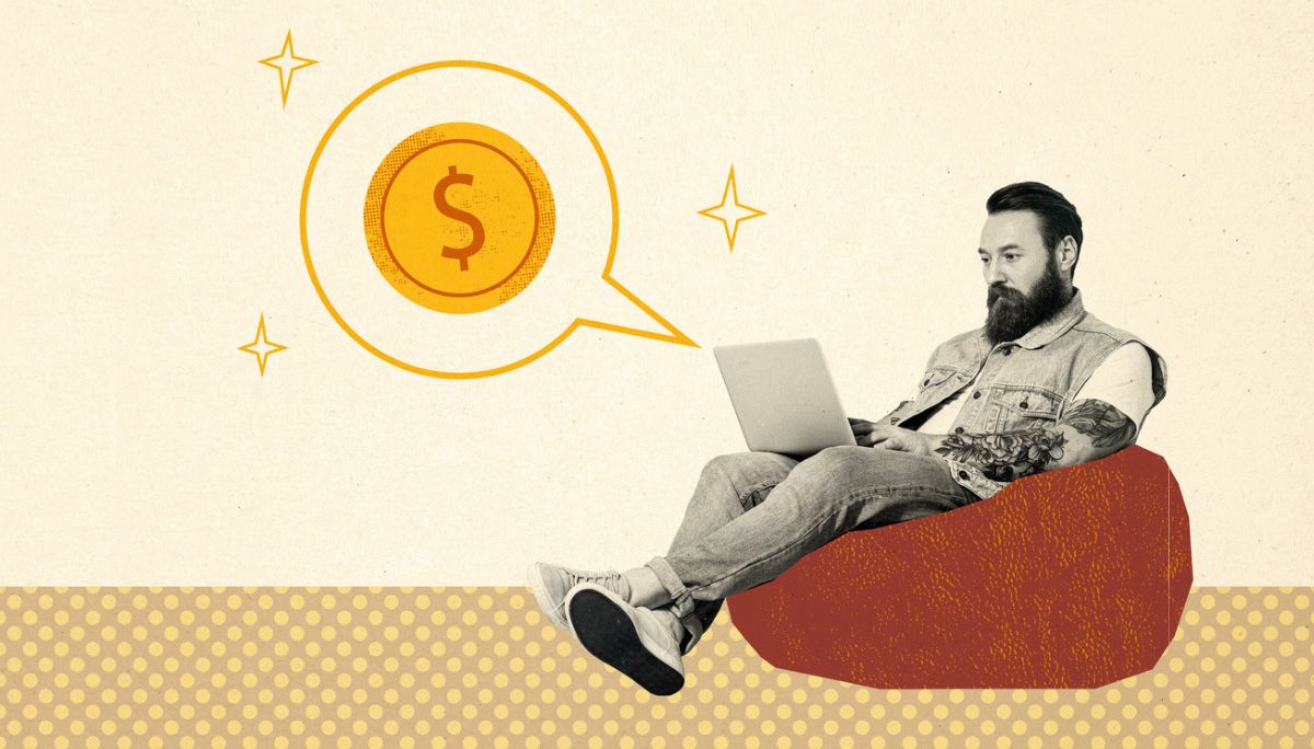 Person sitting on bean bag with laptop and dollar sign speech bubble, symbolizing app development costs and budgeting.