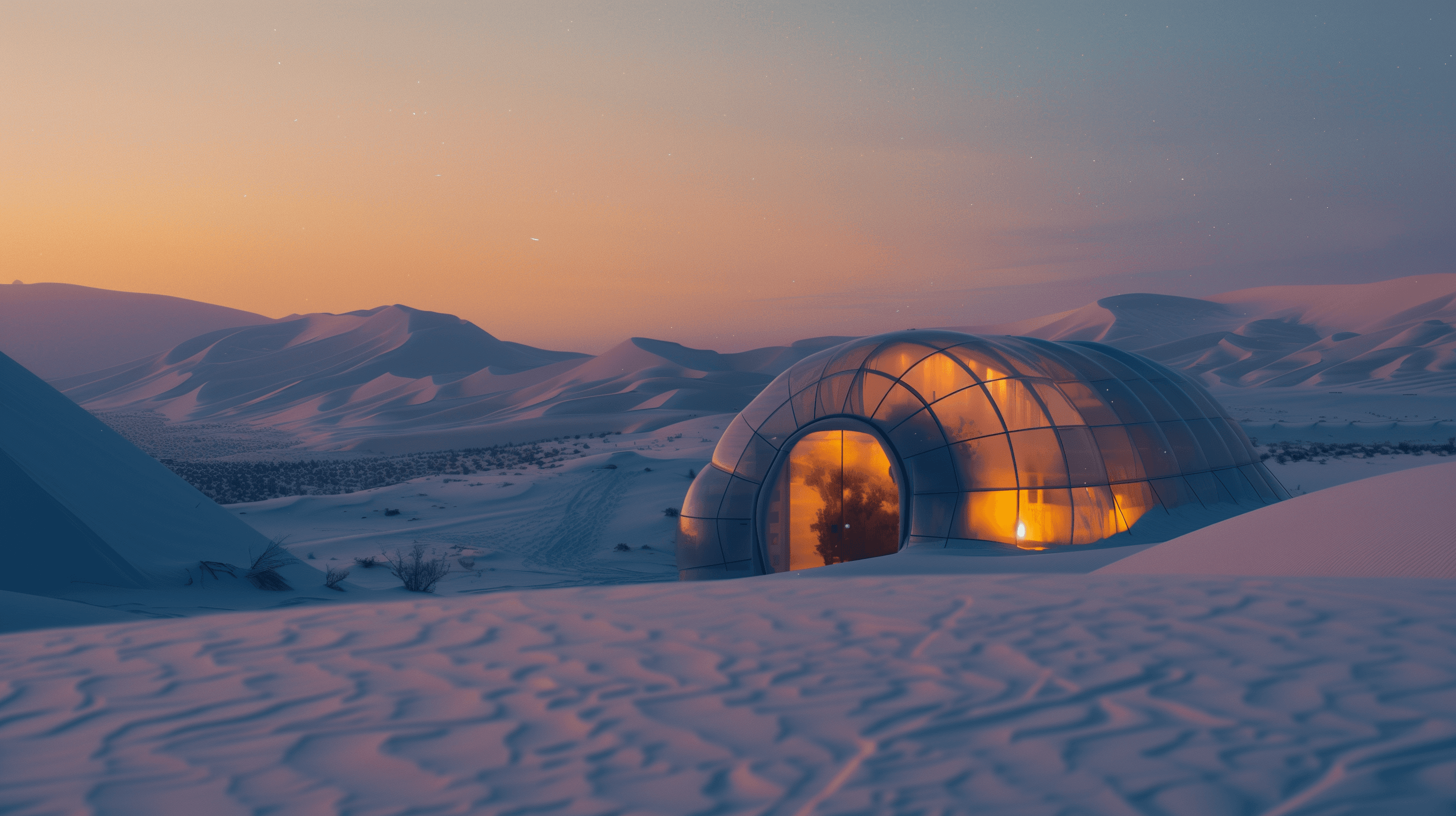 A planthouse covered in snow in a snow-covered desert.