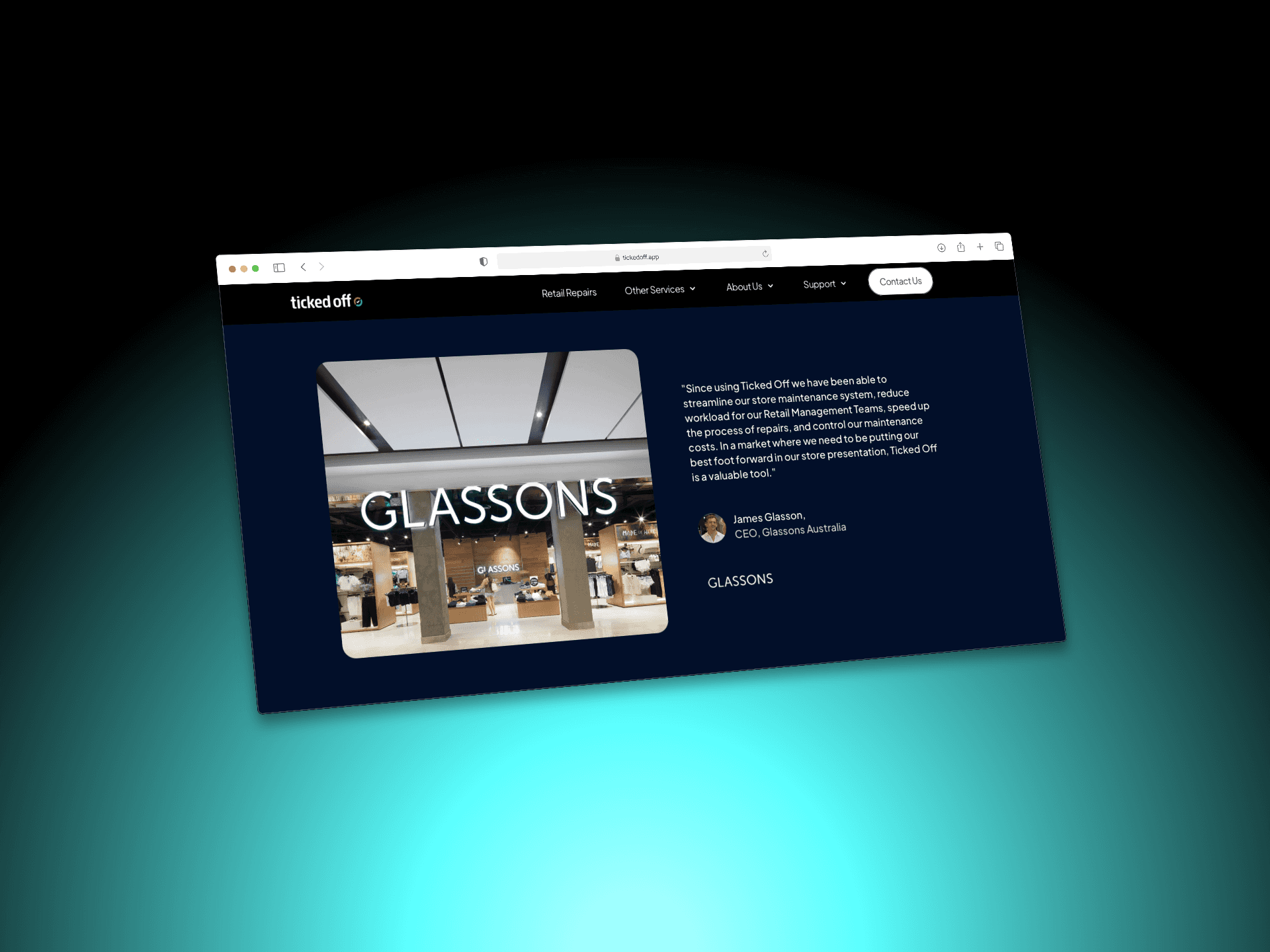 Laptop showing a staff profile or feature page from the TickedOff site, placed on a modern desktop with warm, natural lighting and styled elements.