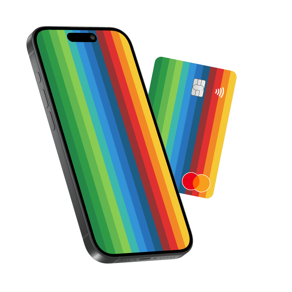 Twee gele handen die een bunq-kaart en telefoon met de bunq-app laten zien.