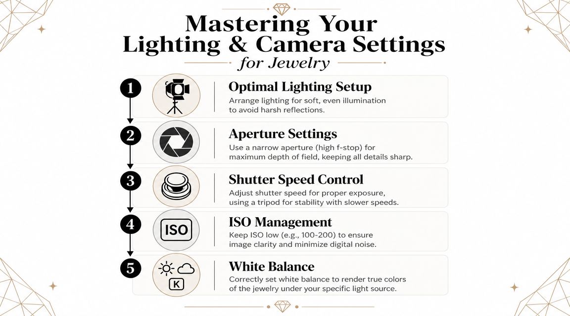 A step-by-step infographic titled Mastering Your Lighting and Camera Settings for Jewelry, outlining essential professional photography tips.