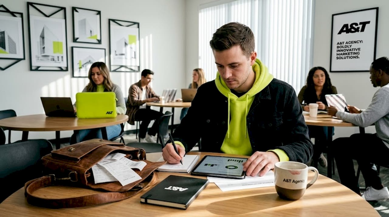 Campaign manager studies data in coworking space