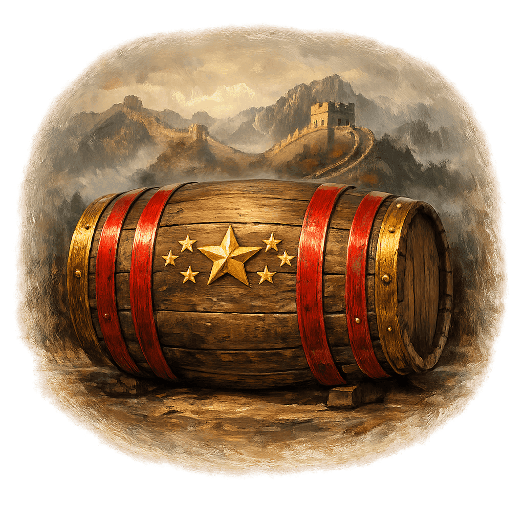 Wine barrel featuring the China national emblem for regional wine education.