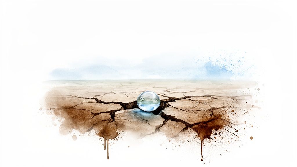 A clear sphere filled with water sits in a dry, cracked earth landscape under a hazy sky.