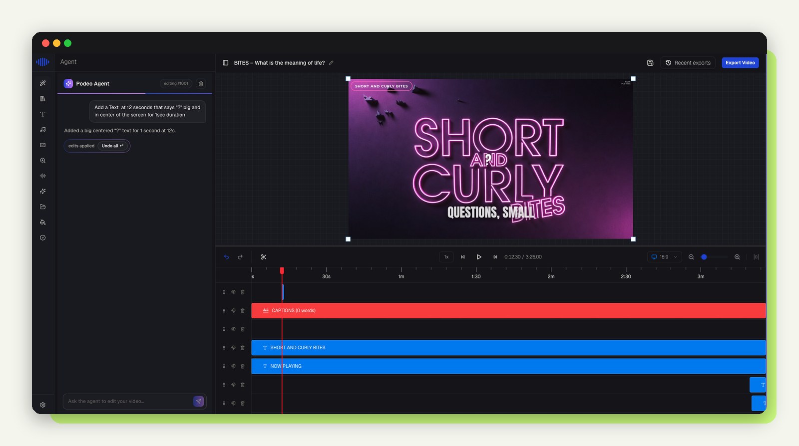 Podeo Copilot chat panel editing a podcast video from a typed request