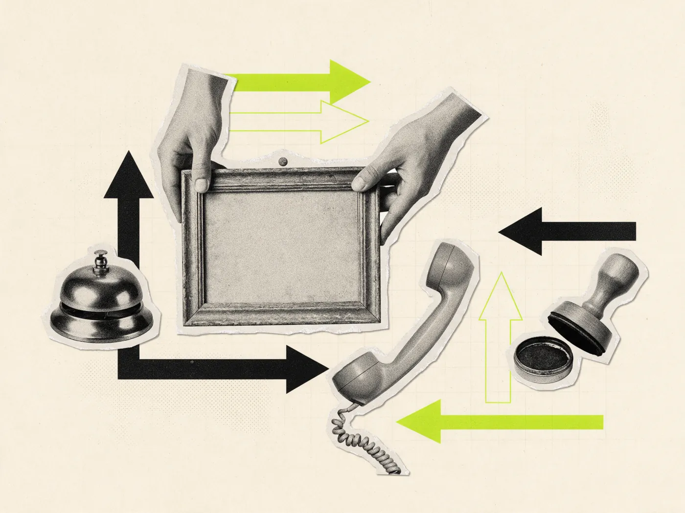 Colagem vintage: mãos penduram um quadro de avisos, com telefone de disco e carimbo, o site para instituição de pagamento