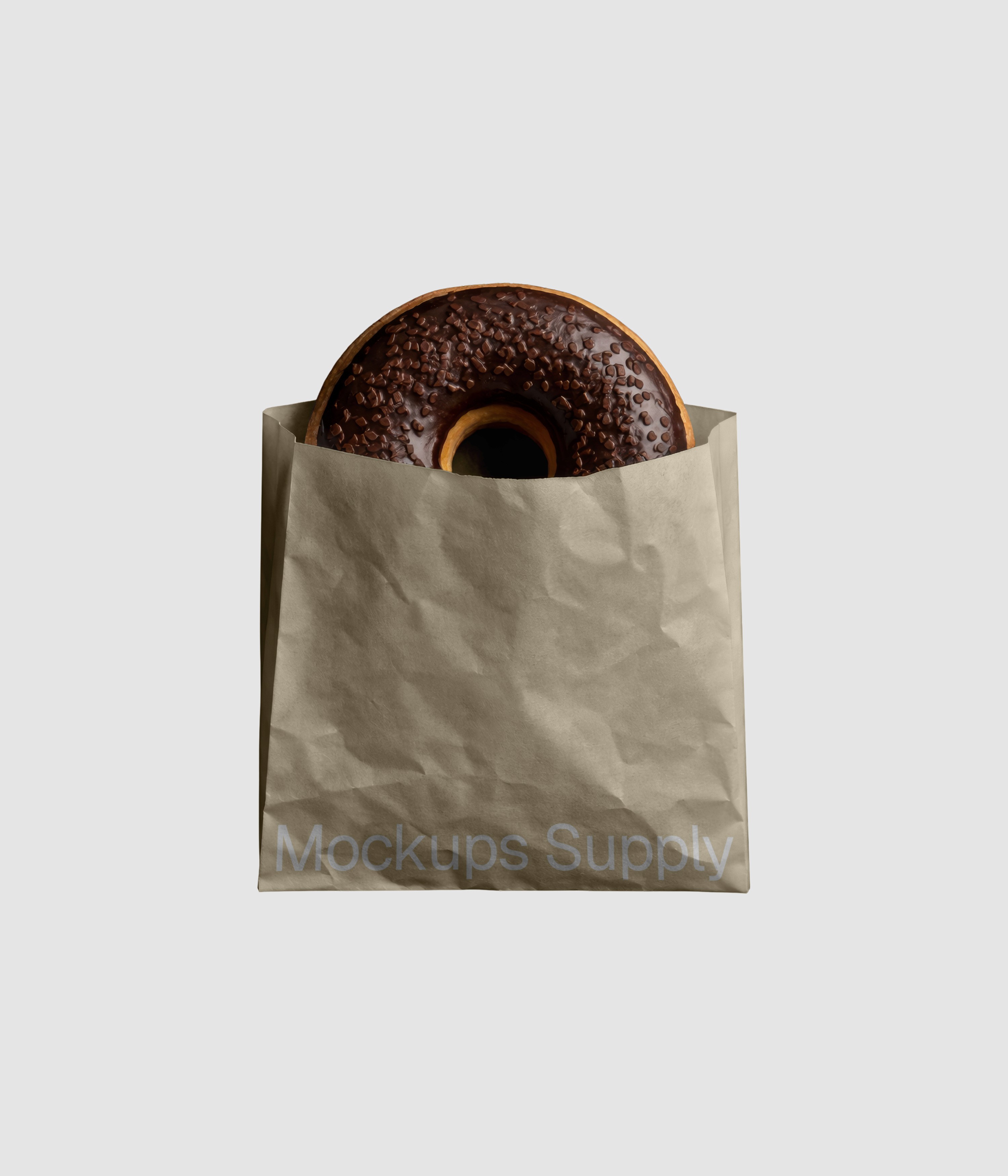 Beige paper bag donut mockup featuring chocolate donut with customizable packaging design on dark surface for pastry shop branding