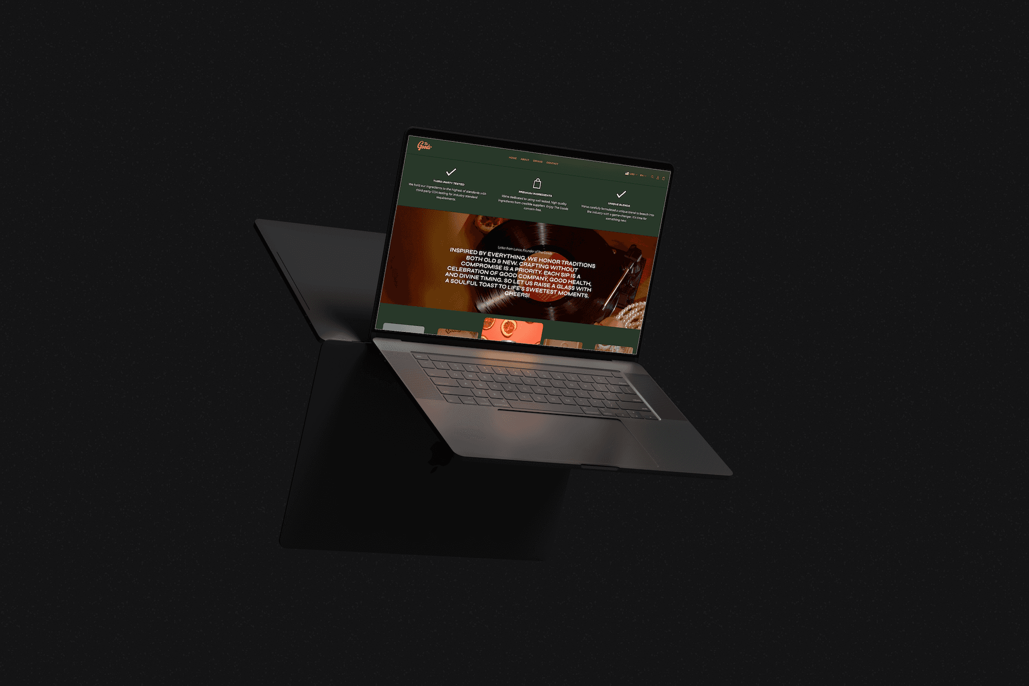 a mockup of a laptop showing a green website floating in a dark room