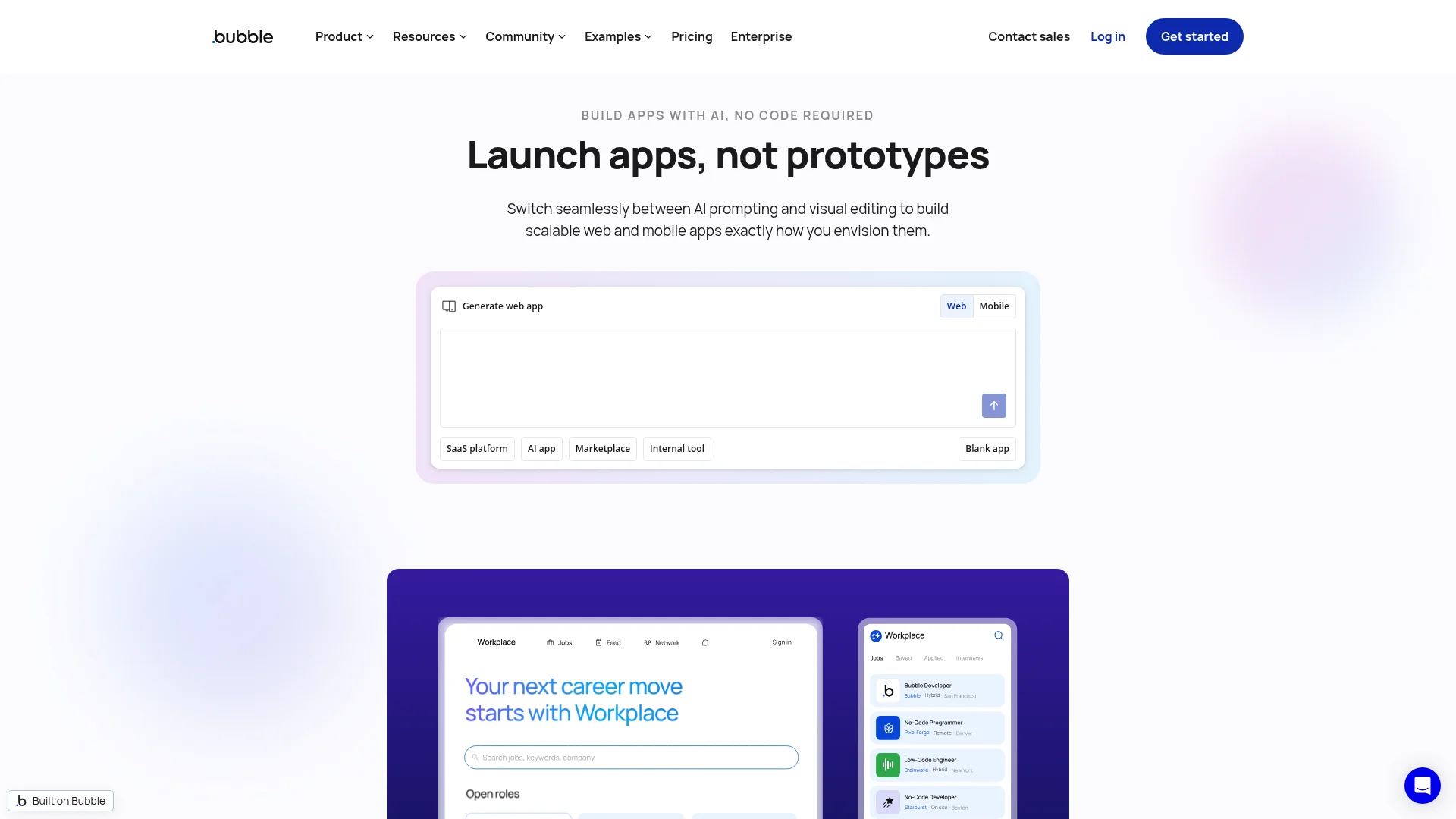 Bubble visual no-code web app builder homepage