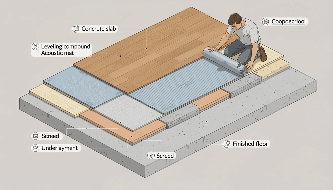 Na przekroju widać proces montażu mat dźwiękochłonnych na podłodze, który ma na celu poprawę akustyki pomieszczenia. W instalacji wykorzystuje się różne materiały, takie jak pianka akustyczna i panele akustyczne, które pochłaniają dźwięk, co pozytywnie wpływa na komfort akustyczny we wnętrzu.