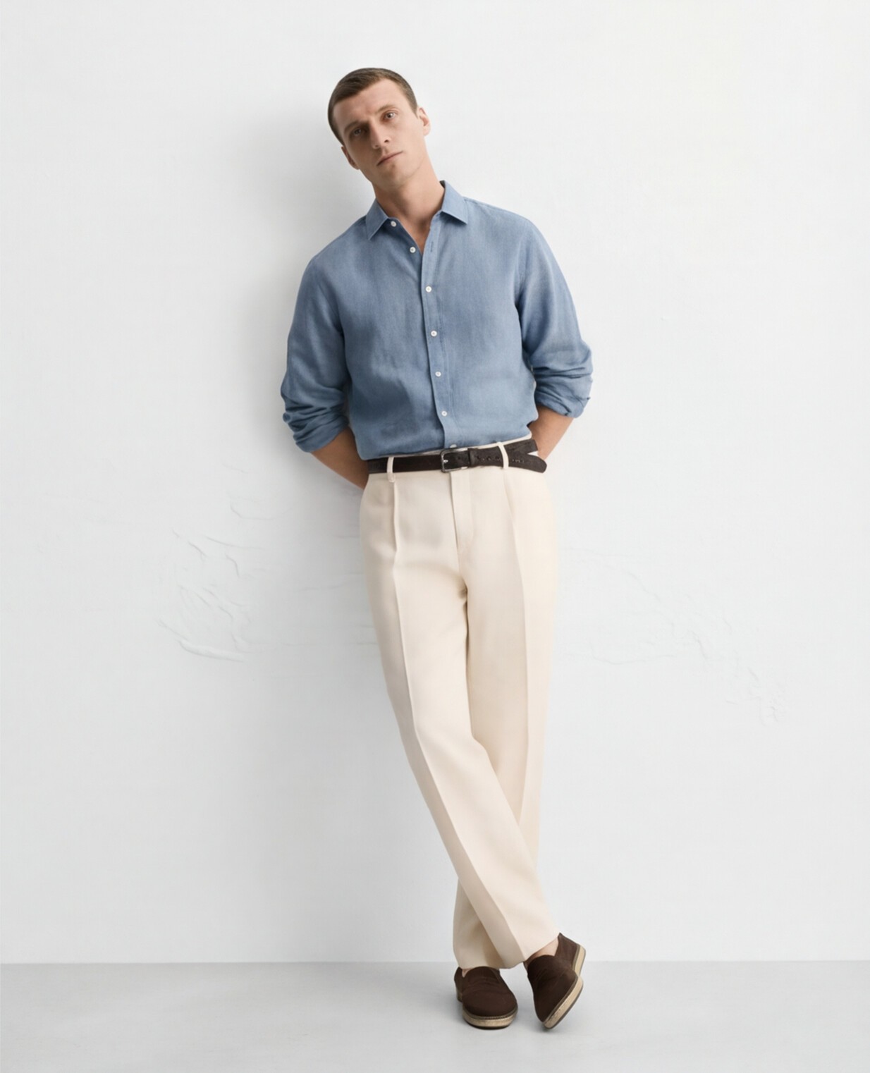 Chambray Blue Shirt with Cream Trousers