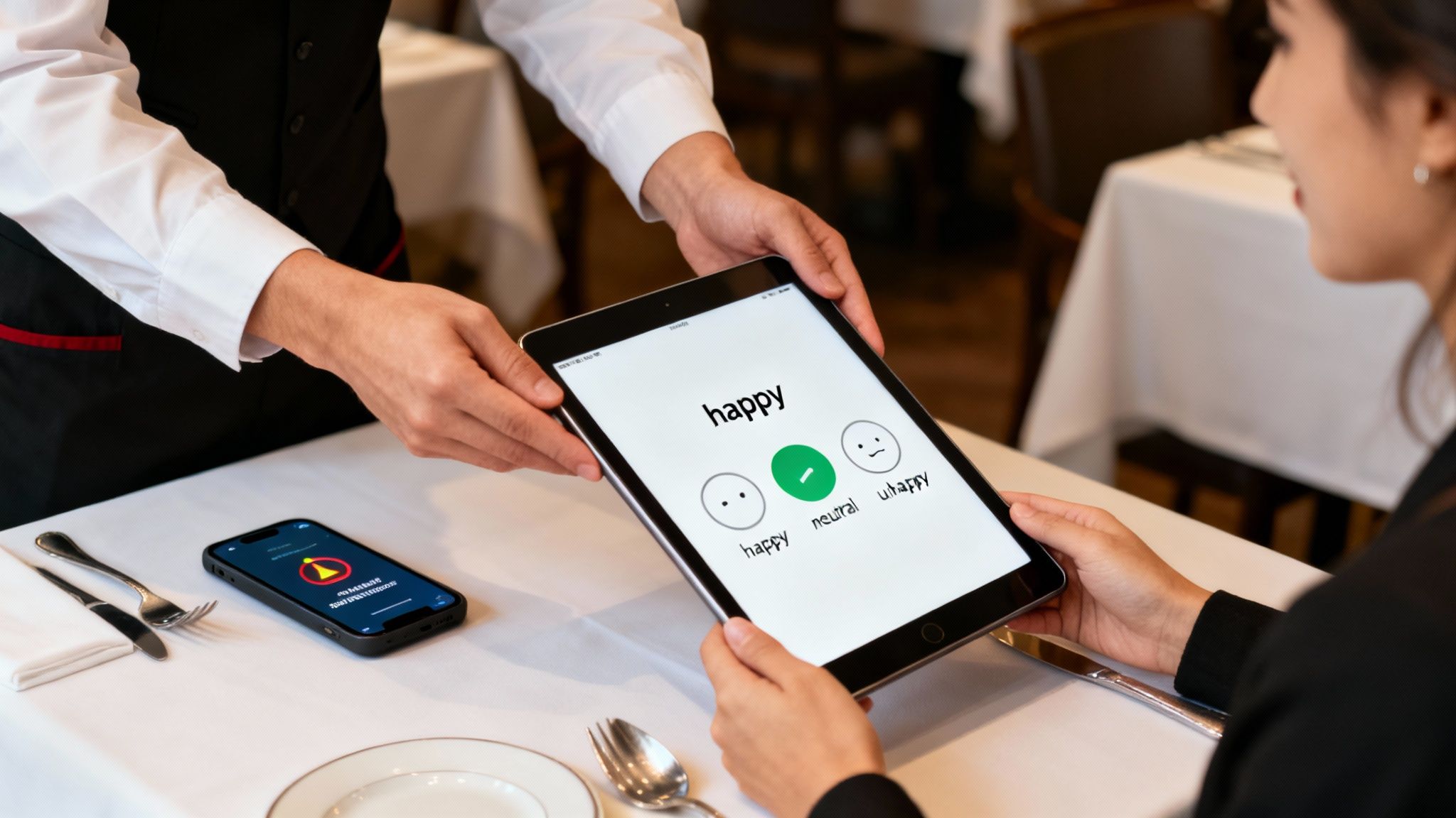 A waiter presents a digital customer feedback survey on a tablet to a woman in a restaurant.