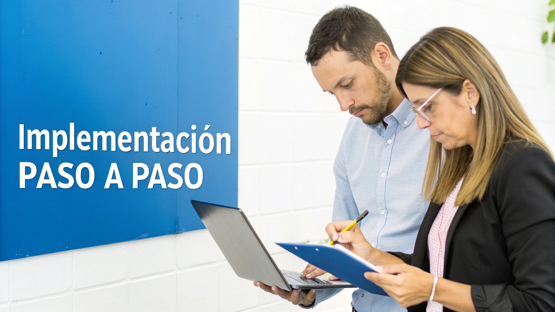 Dos profesionales colaborando, revisando una laptop y documentos bajo el título 'Implementación PASO A PASO'.