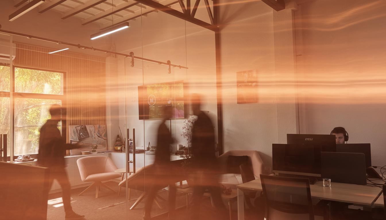A warm-toned blurred office meeting scene.