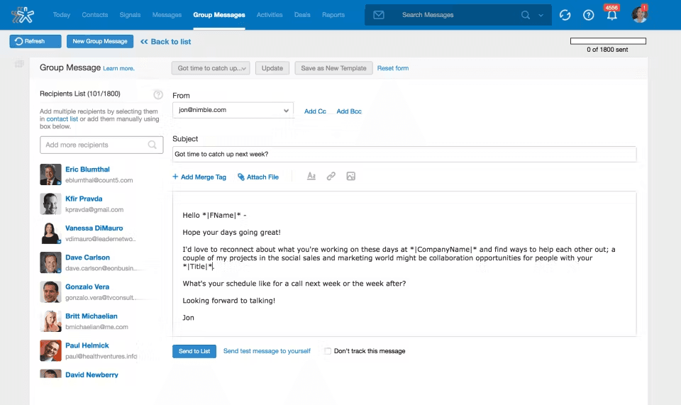 Nimble’s interface for group message that sports a similar look to traditional emails