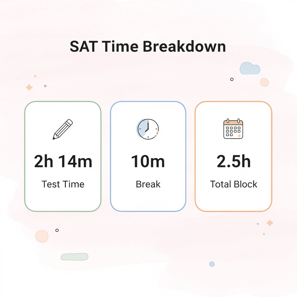  Infographic showing SAT timing breakdown with test time, break, and recommended total time block
