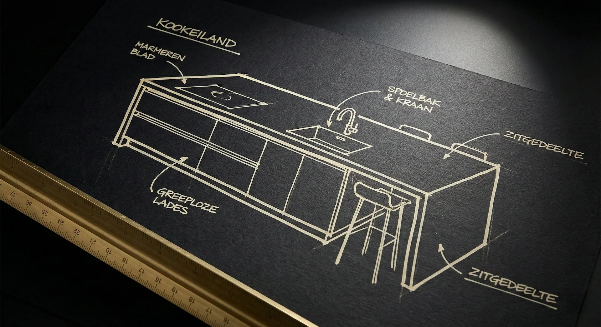 Handgetekende schets van een kookeiland met marmeren blad, greeploze lades en zitgedeelte
