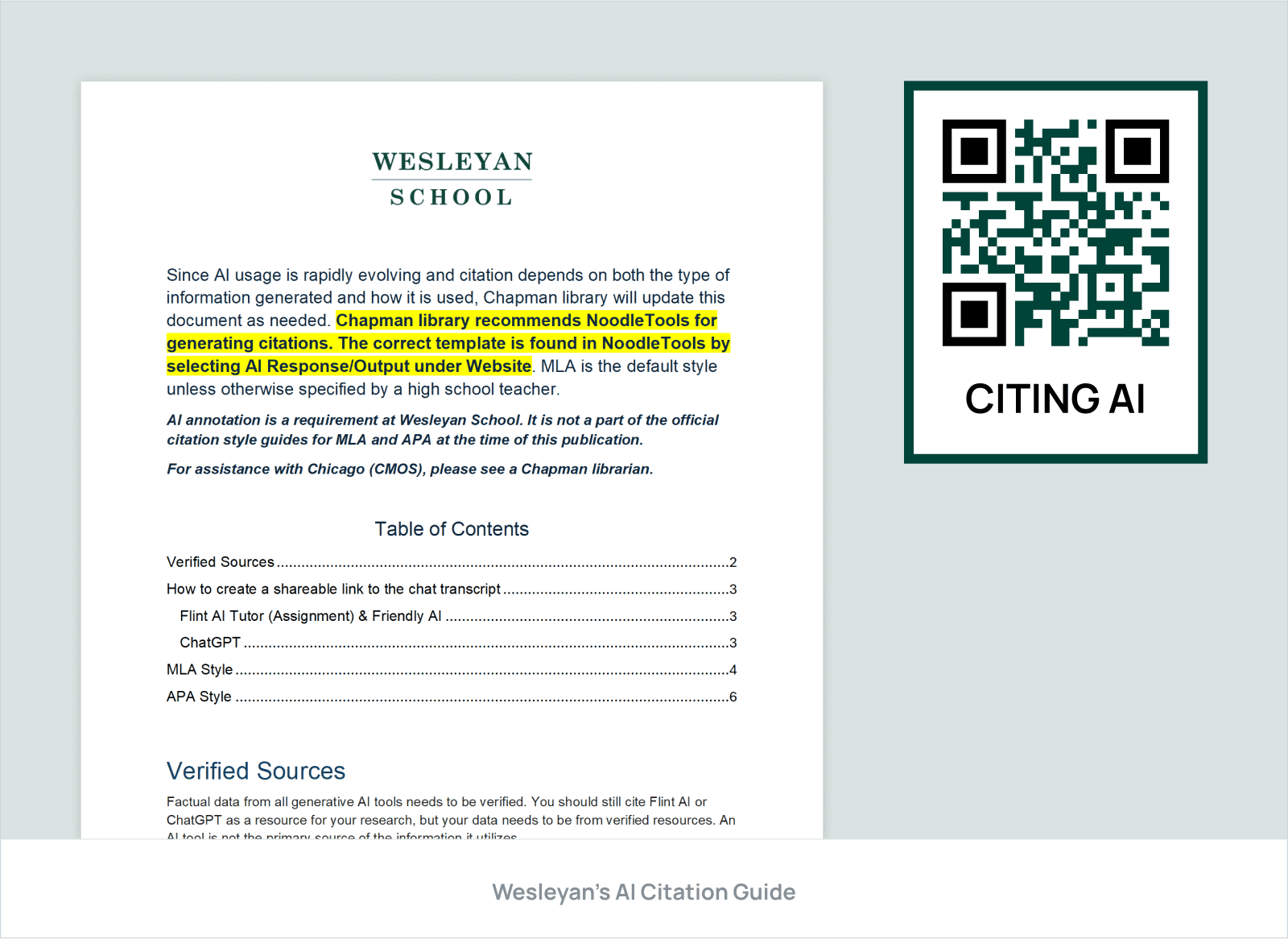 QR code and preview of Wesleyan's AI Citation Guide