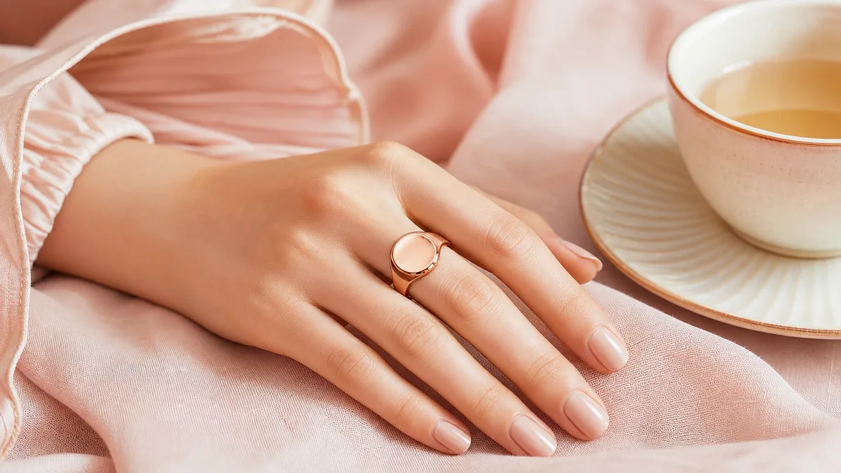 A woman's hand wearing a rose gold smart tasbih ring on soft pink fabric beside a tea cup