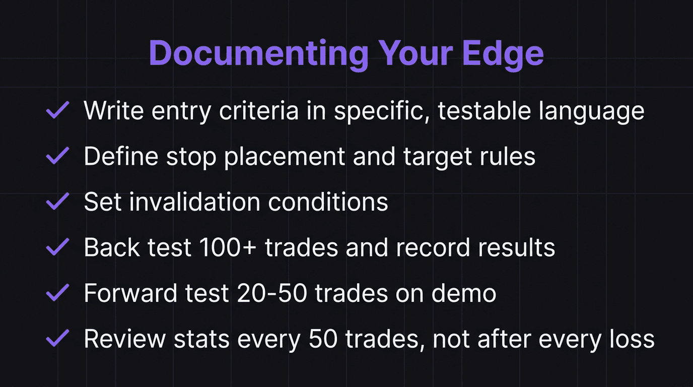 Checklist showing steps to document and track a trading edge