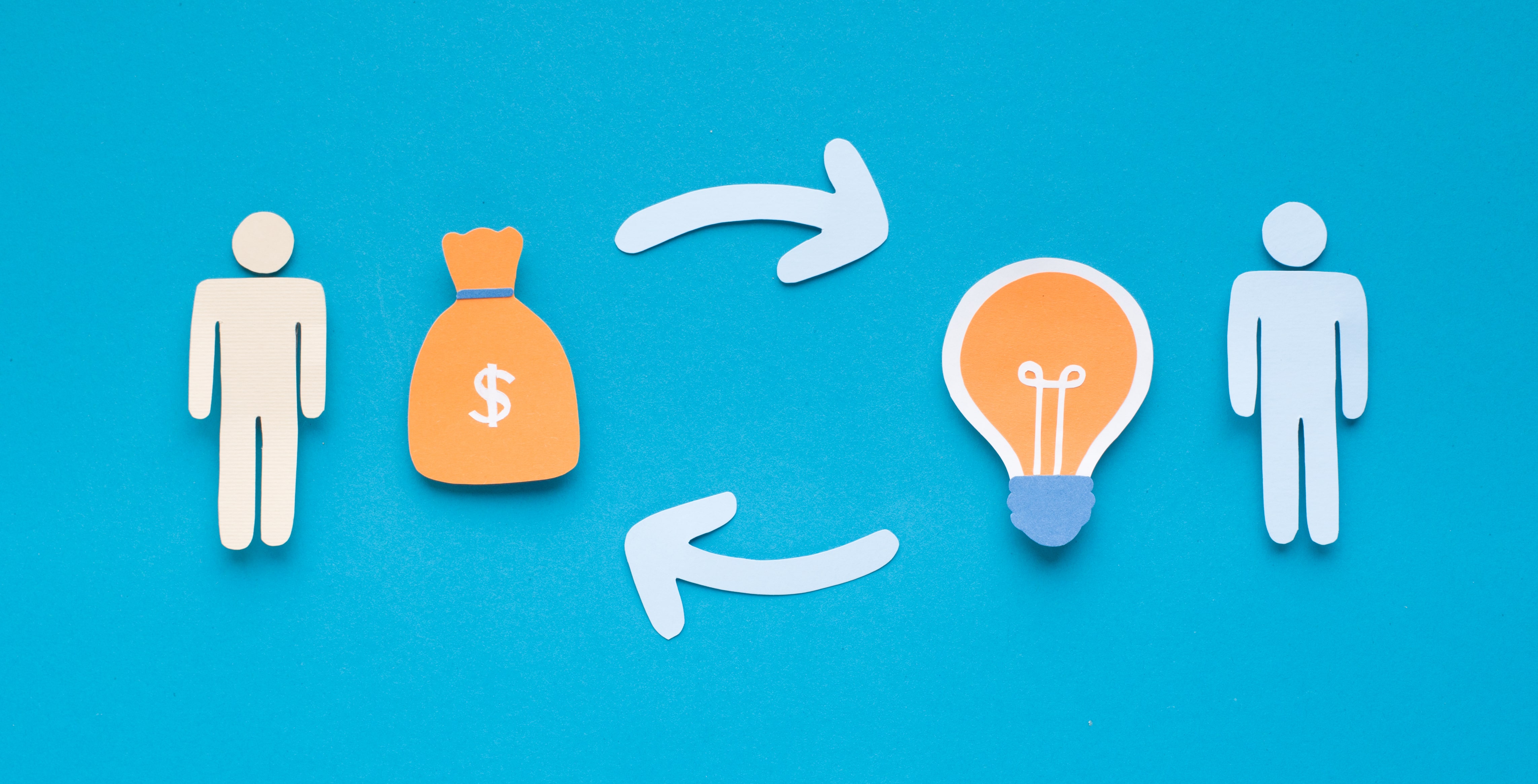 Entrepreneurship concept showing idea and money exchange between two people, representing investment and innovation on a blue background