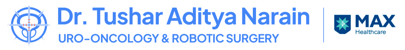 डॉ. Tushar Aditya Narain का Uro-Oncology और Robotic Surgery practice logo के साथ Max Hospital Saket partnership का logo।