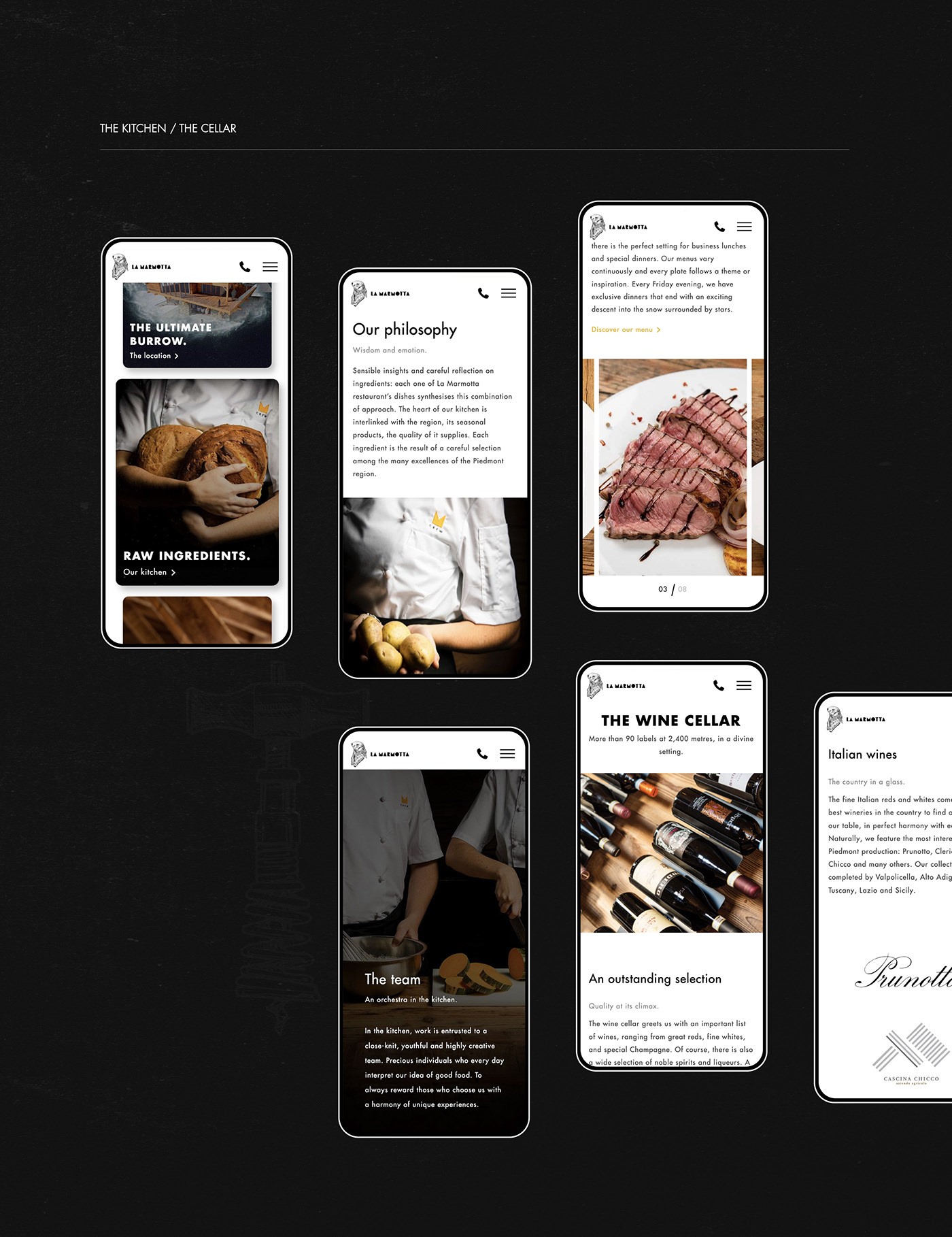 Sezioni cucina e cantina su mobile: filosofia degli ingredienti, team di cucina, piatti signature e selezione vini con schede scorrevoli—contenuti che supportano marketing, upselling e scelta dei clienti tra ristorante e cocktail/wine bar.