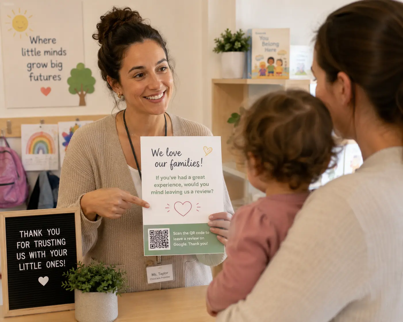 a woman shows a flyer to another woman with a child in a daycare center lobby