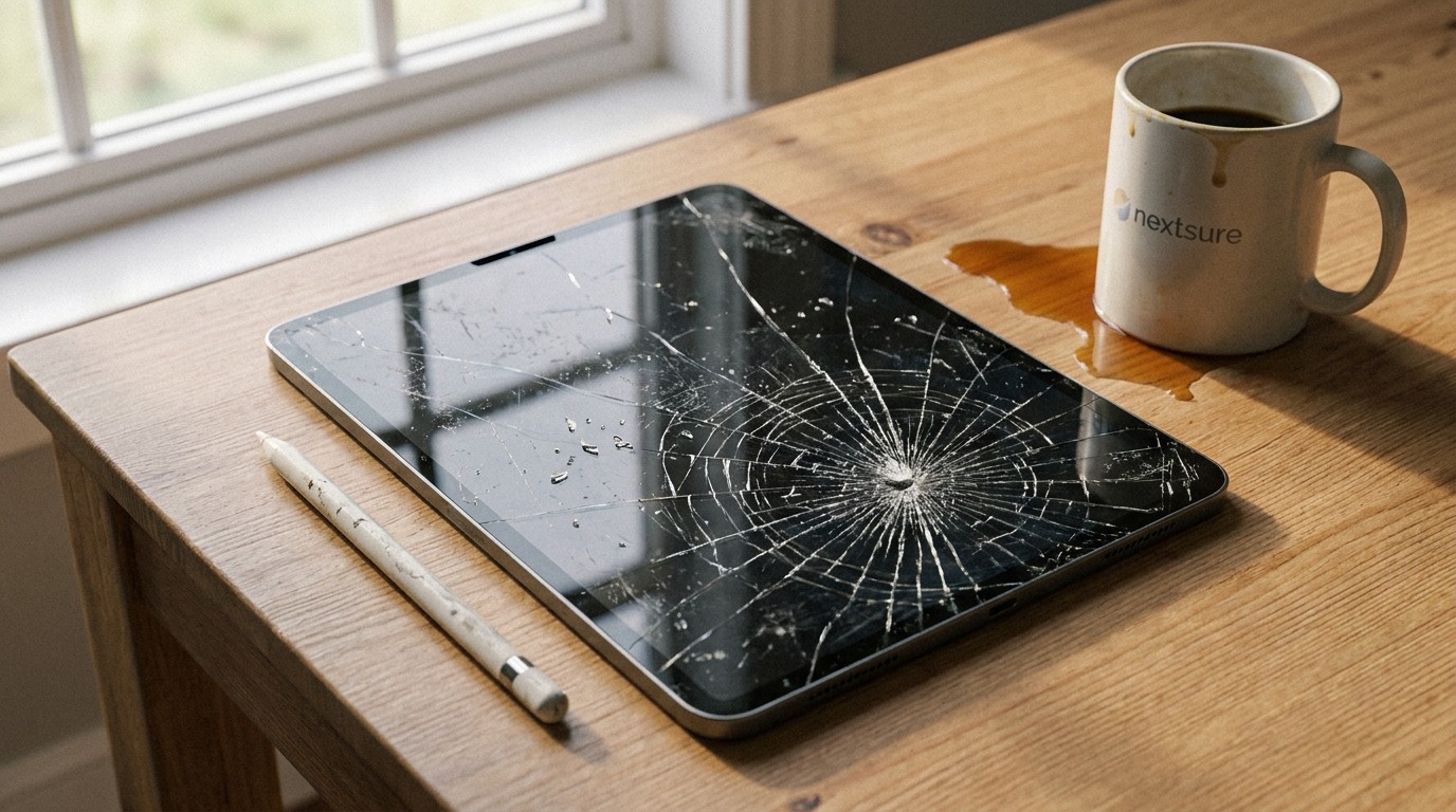 iPad Pro mit gesprungenem Display auf einem Holztisch