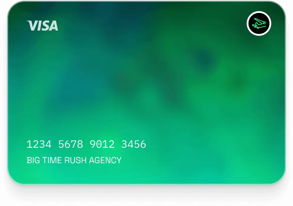Green Visa credit card with sample card number and cardholder name Big Time Rush Agency, featuring a contactless payment icon.