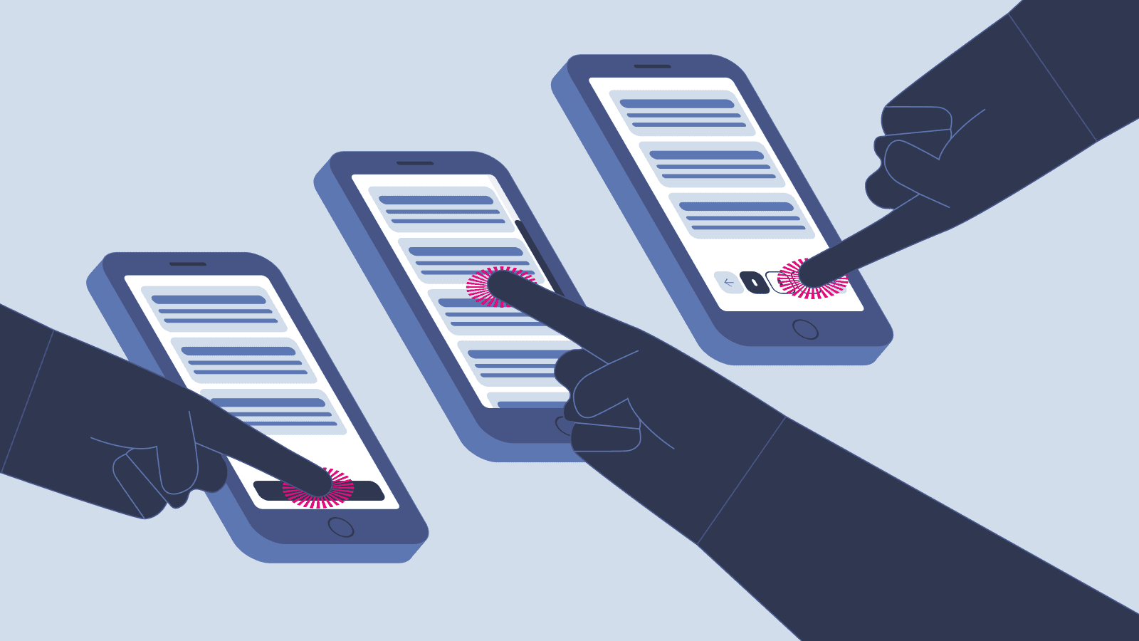 Vektorgrafik mit drei nebeneinander angeordneten Smartphone-Mockups vor einem hellblauen Hintergrund, auf deren Bildschirmen stilisierte Listen zu sehen sind; drei dunkelblaue Hände tippen jeweils mit dem Zeigefinger auf die spezifischen Navigations-Elemente der Ladestrategien – ganz links auf einen „Load More“-Button, in der Mitte auf einen Lade-Indikator für Infinite Scroll und rechts auf eine Paginierungsleiste mit Seitenzahlen